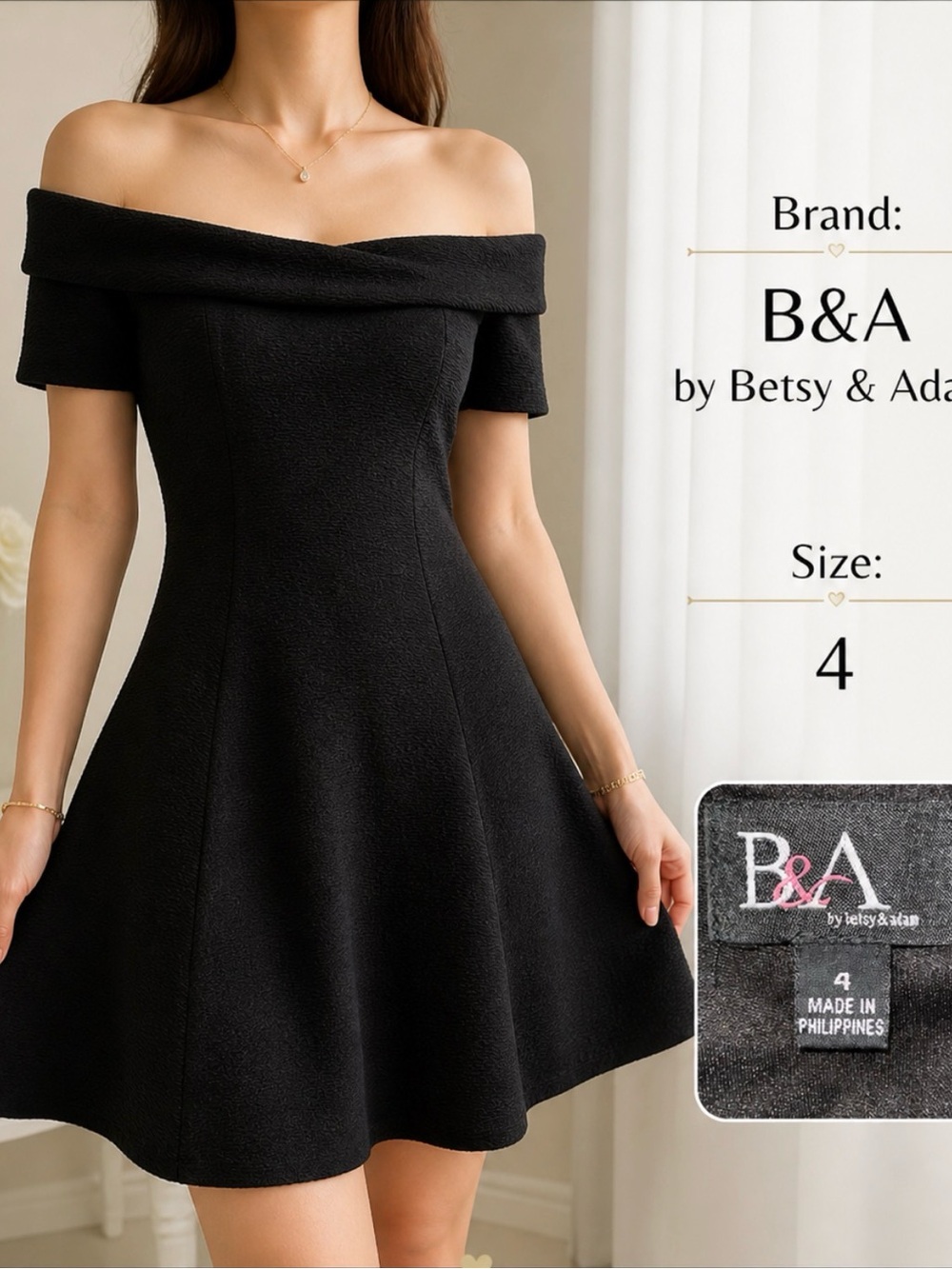 Betsy & Adam Black Off-the-Shoulder Fit & Flare Dress